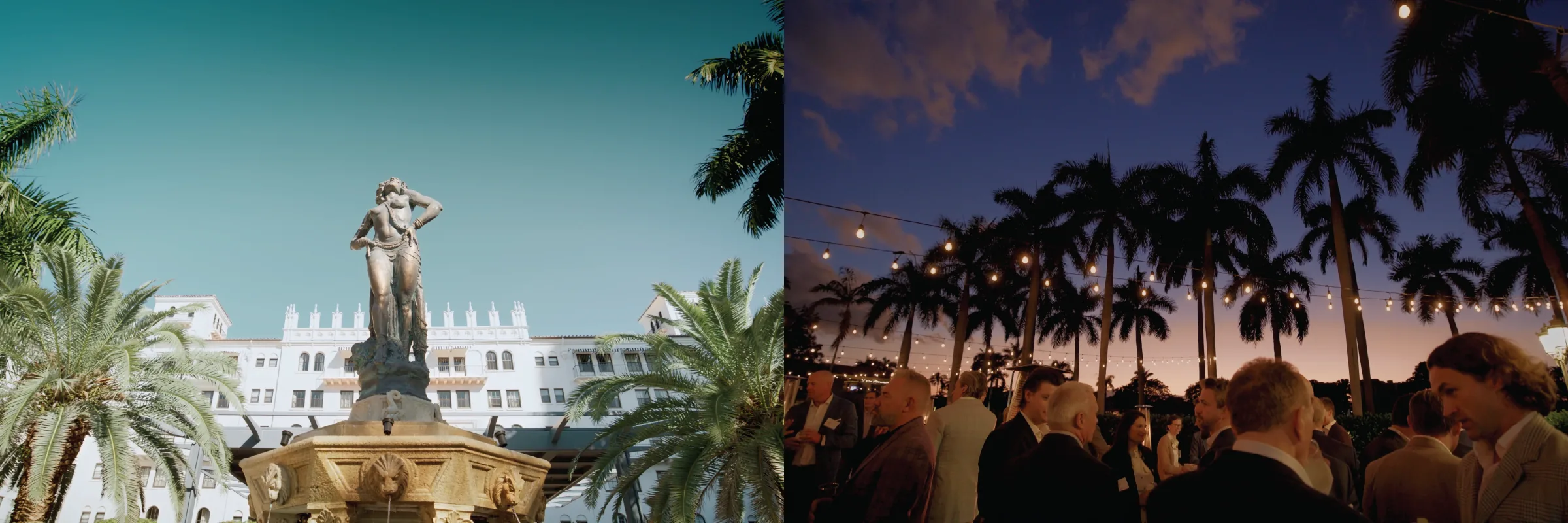 Summit venue statue and palms beside a dusk networking reception