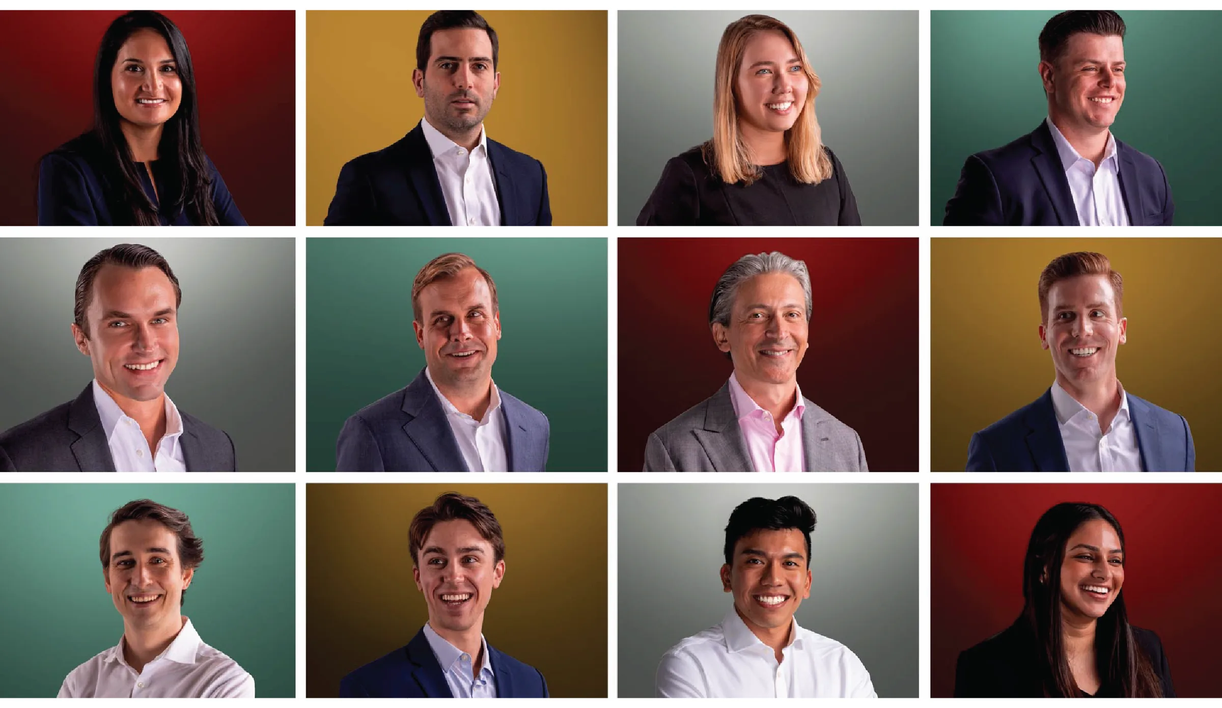 Portrait grid: attendee and leadership portraits on colored backgrounds