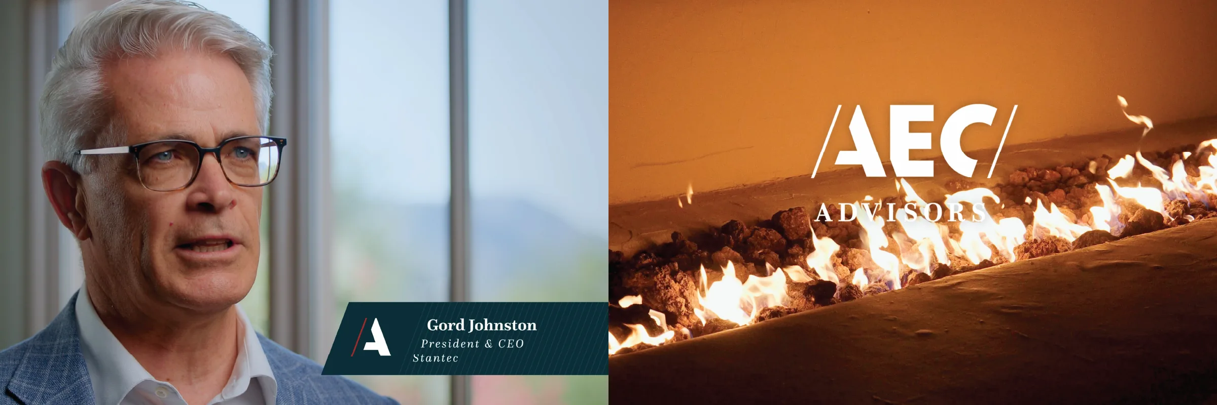 Testimonial interview still beside the AEC Advisors mark over a firepit