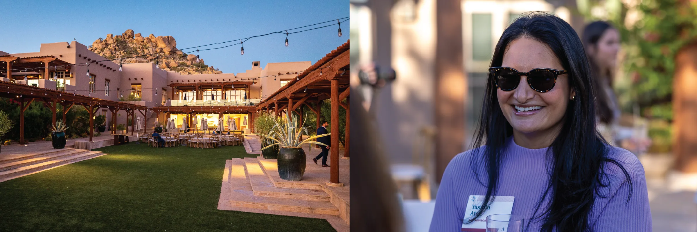 Desert summit venue courtyard beside an attendee networking