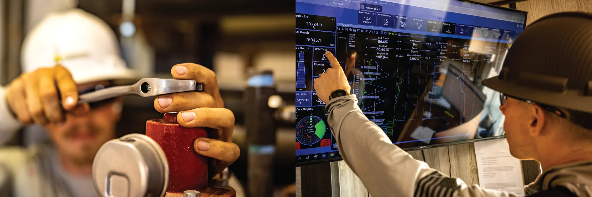 Site photography: hands-on equipment detail and a technician at the rig control screens