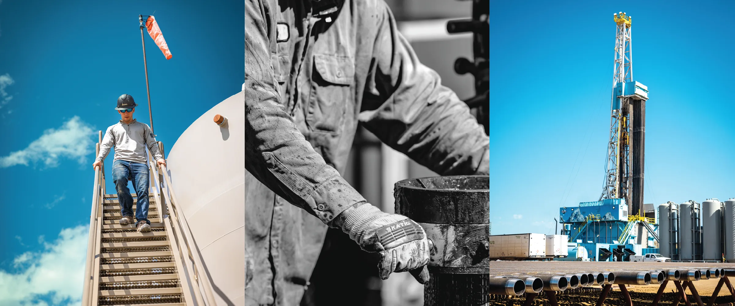 Three site photographs: crew member descending tank stairs, work gloves in black and white, and the drilling rig above a row of pipe