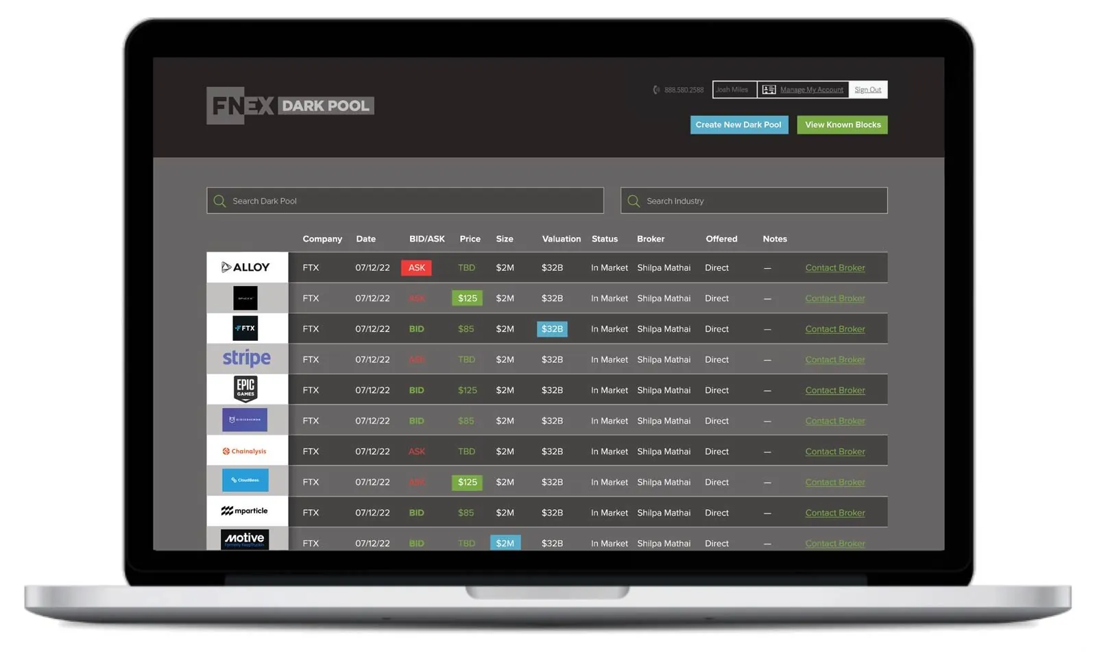 FNEX Dark Pool web app UI design