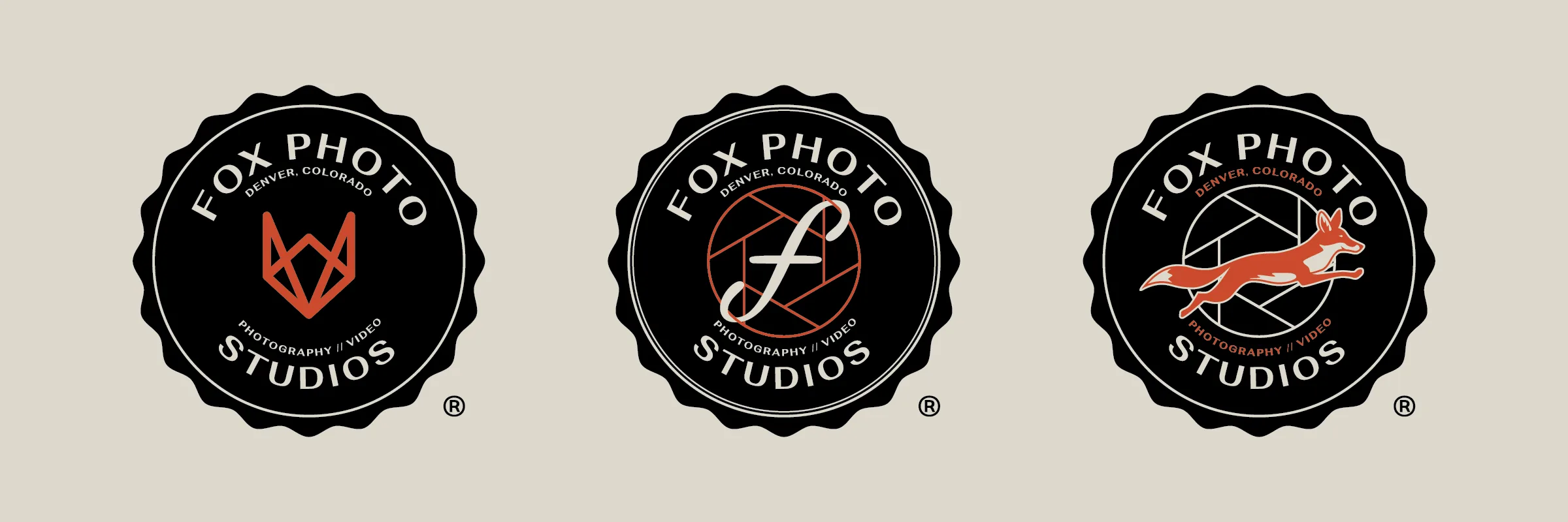 Three round badge-style seals carrying the Fox Photo Studios name, Denver origin, and photography and video promise