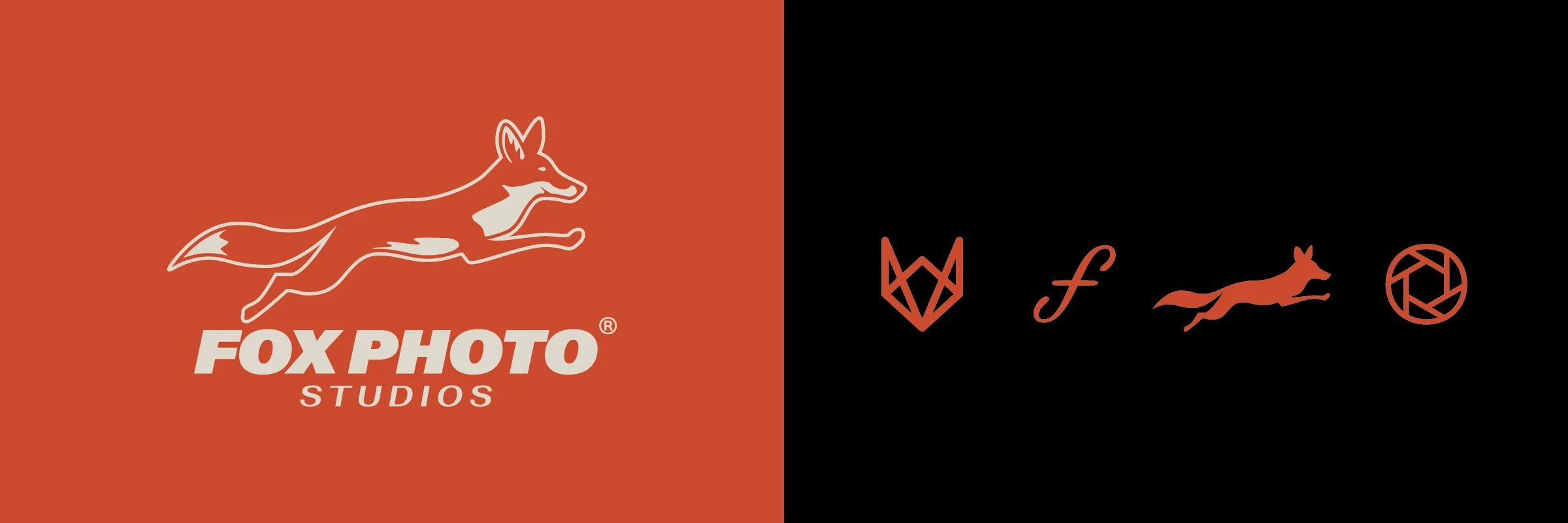 The redesigned leaping fox homage lockup, beside the family of secondary marks: geometric fox, script f, leaping fox, and aperture
