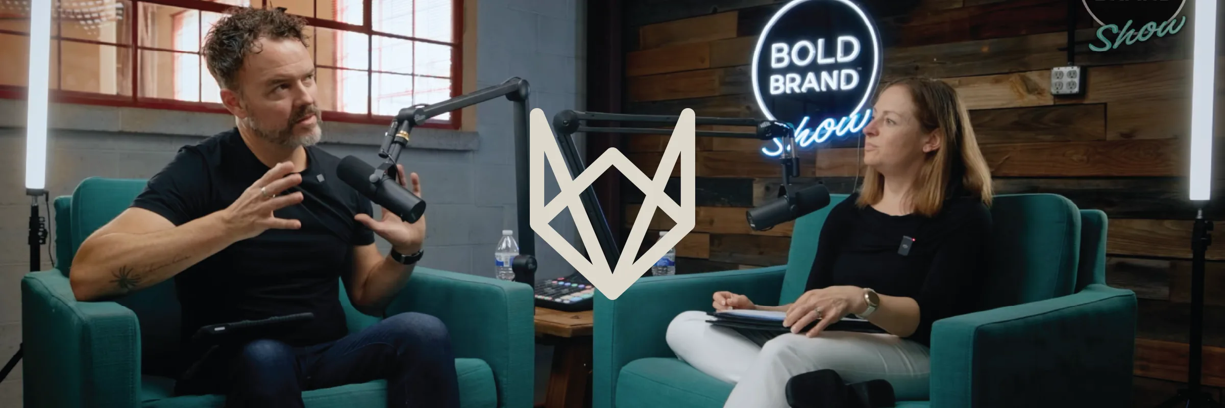 A Bold Brand Show recording in the Fox Photo Studios podcast suite, with the geometric fox mark overlaid
