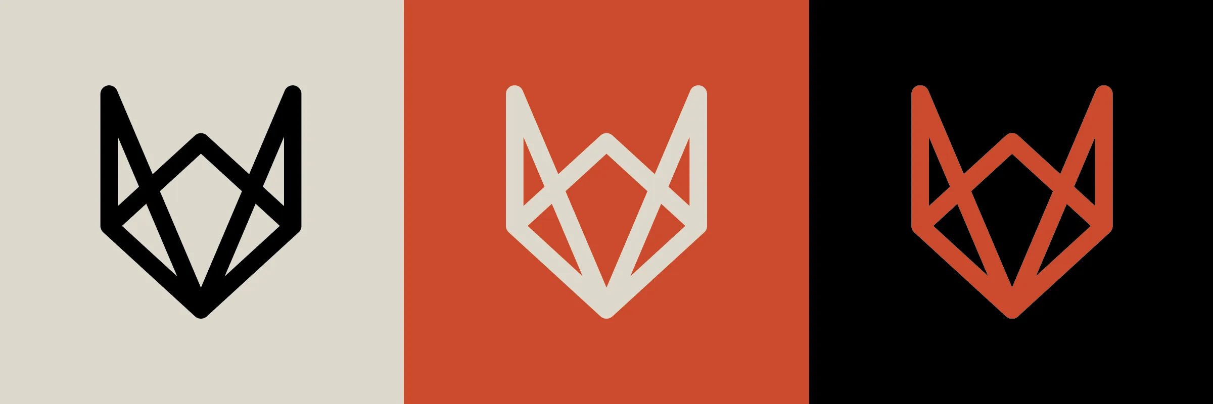 The primary geometric fox mark in black, off-white on orange, and orange on black