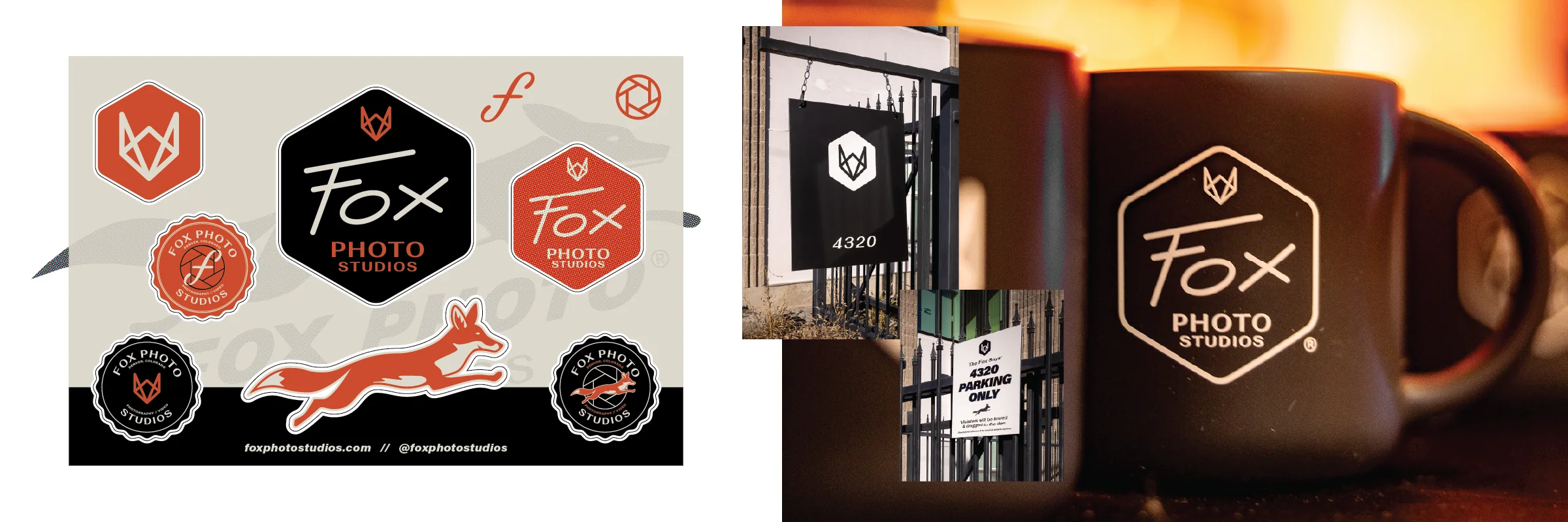 Launch collateral: the Fox Photo Studios sticker sheet, the 4320 exterior sign, and a branded coffee mug