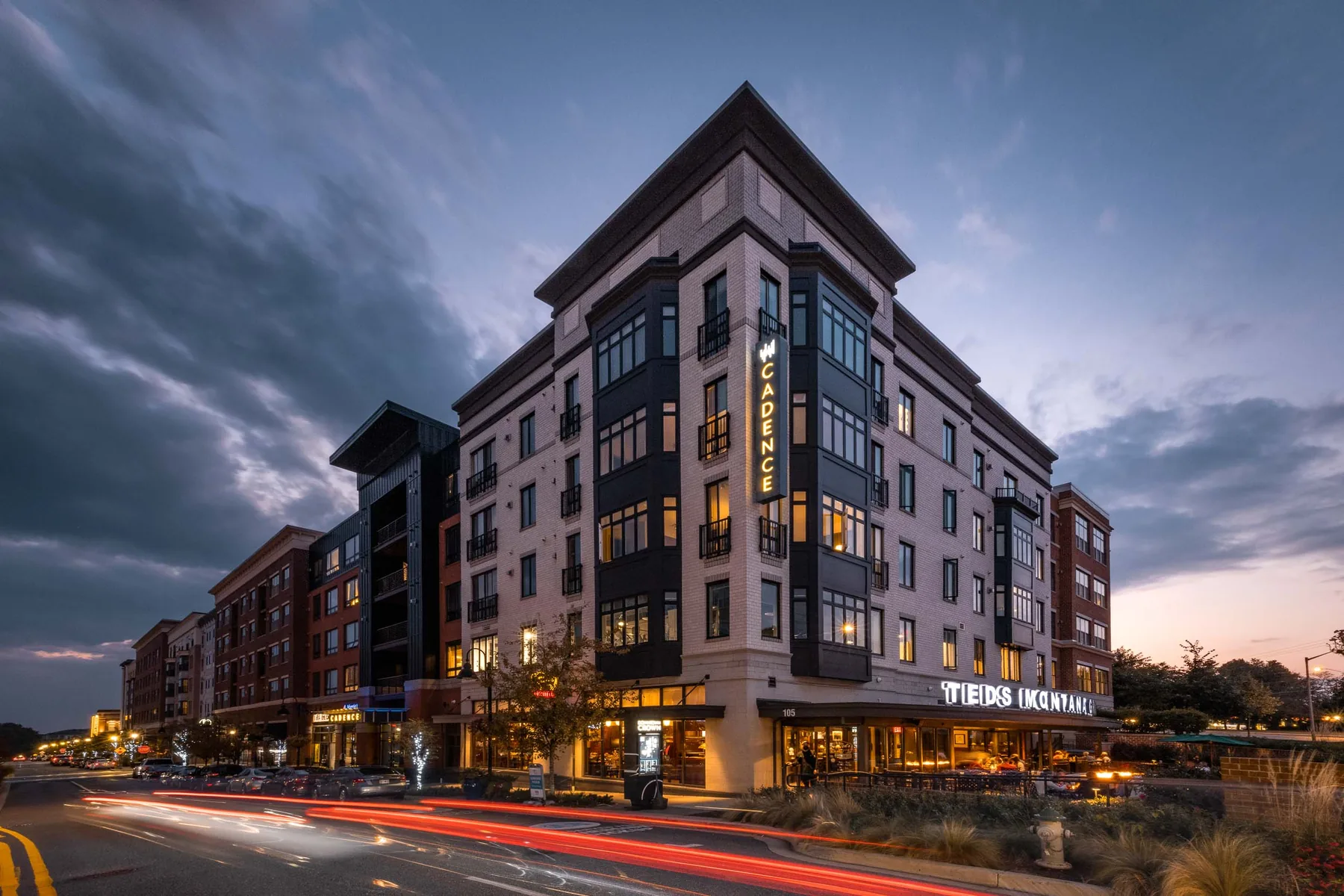 Mixed-use residential development at dusk, Baltimore