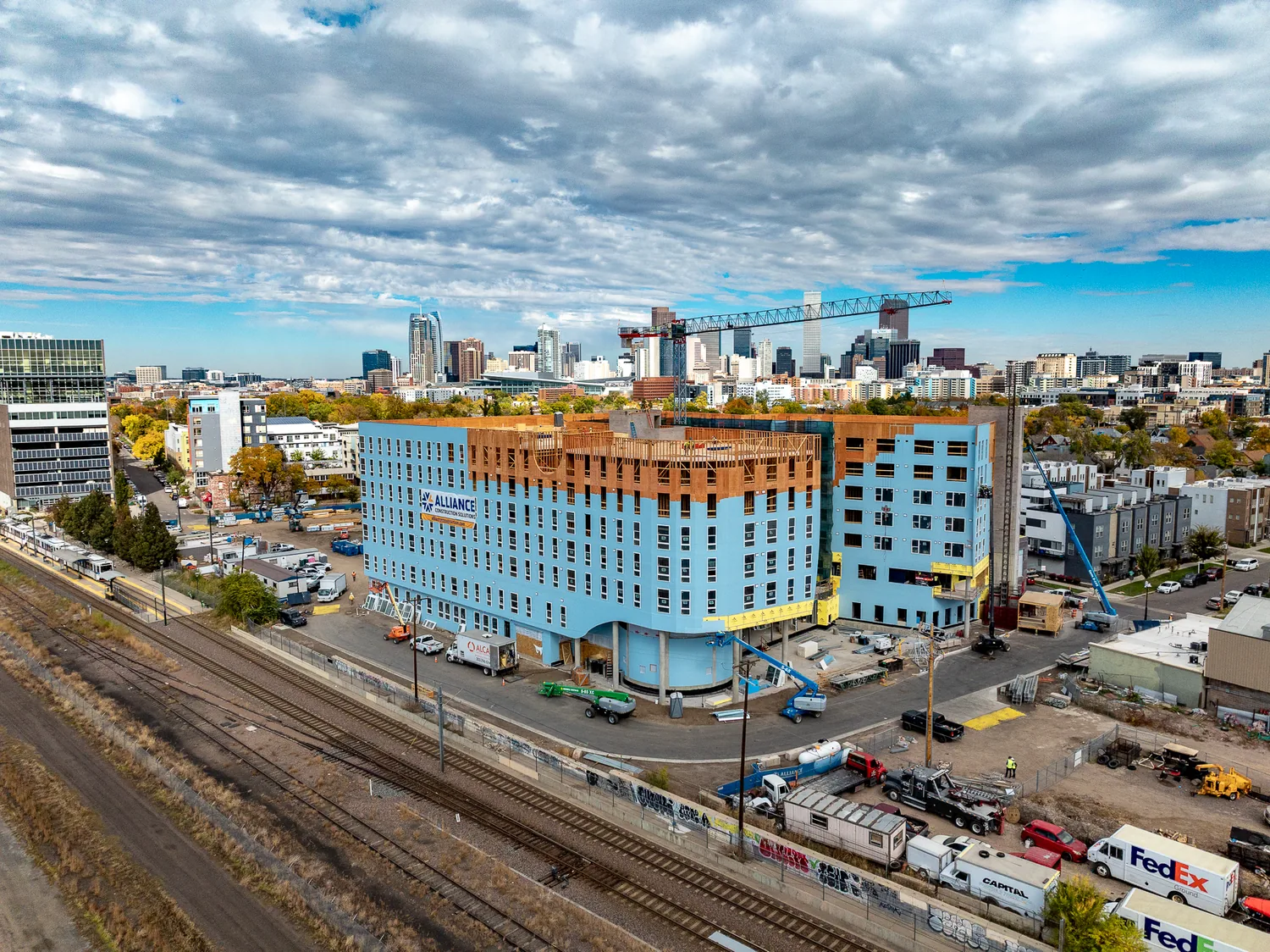 Mixed-use development along the rail corridor, Denver, aerial