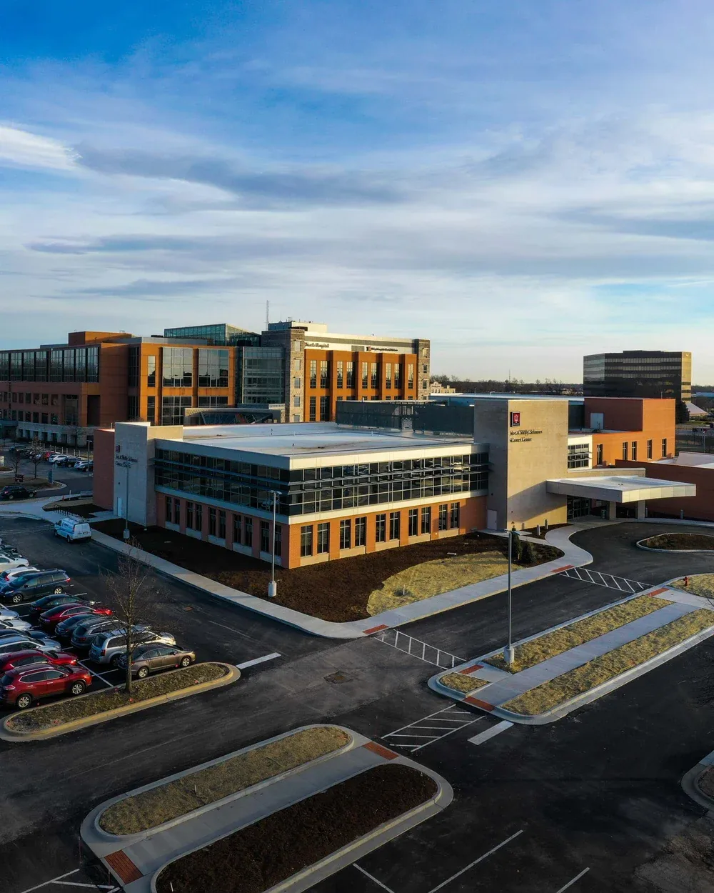 Medical campus at dawn, aerial view