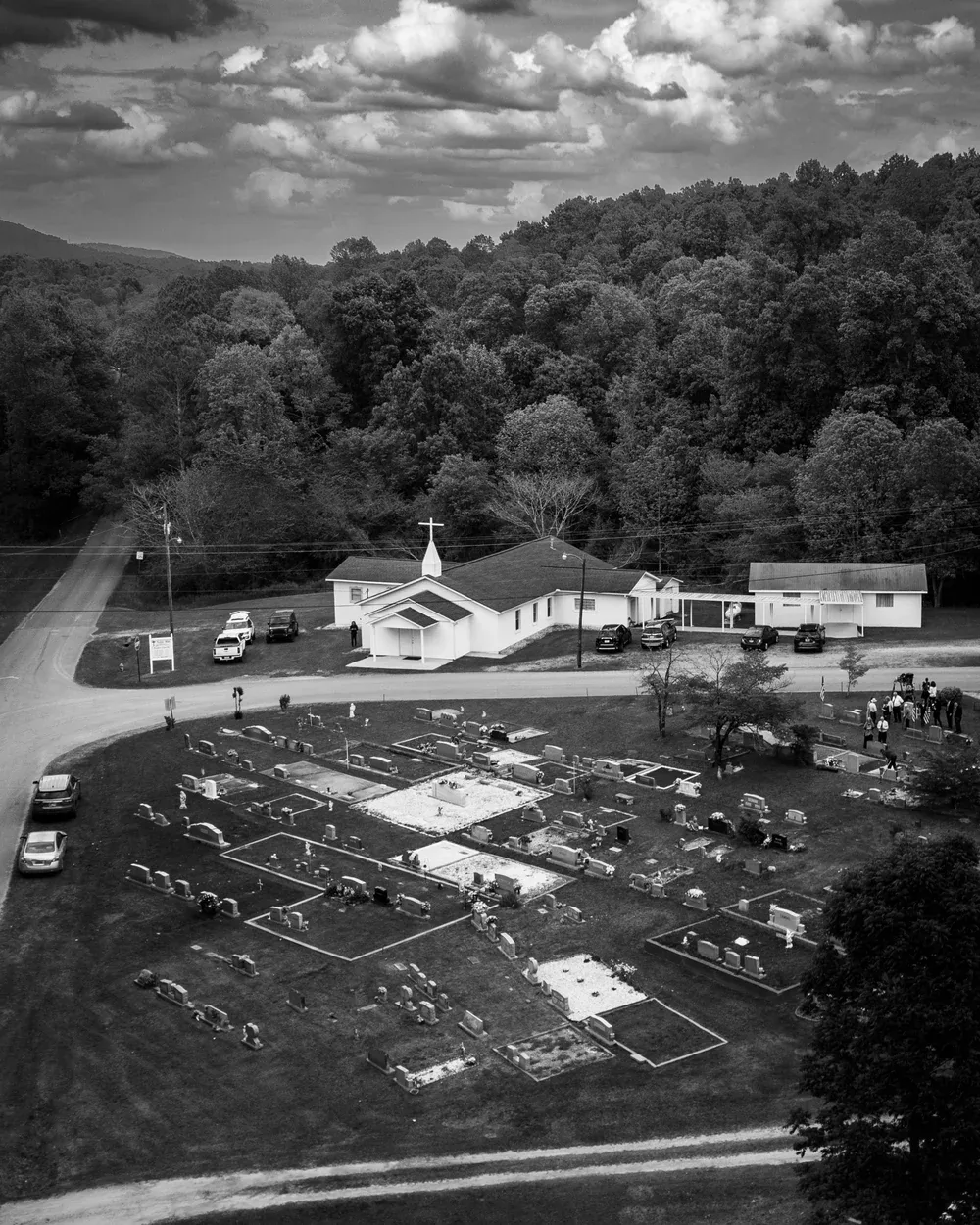 Rural church and grounds, Alabama, aerial black and white