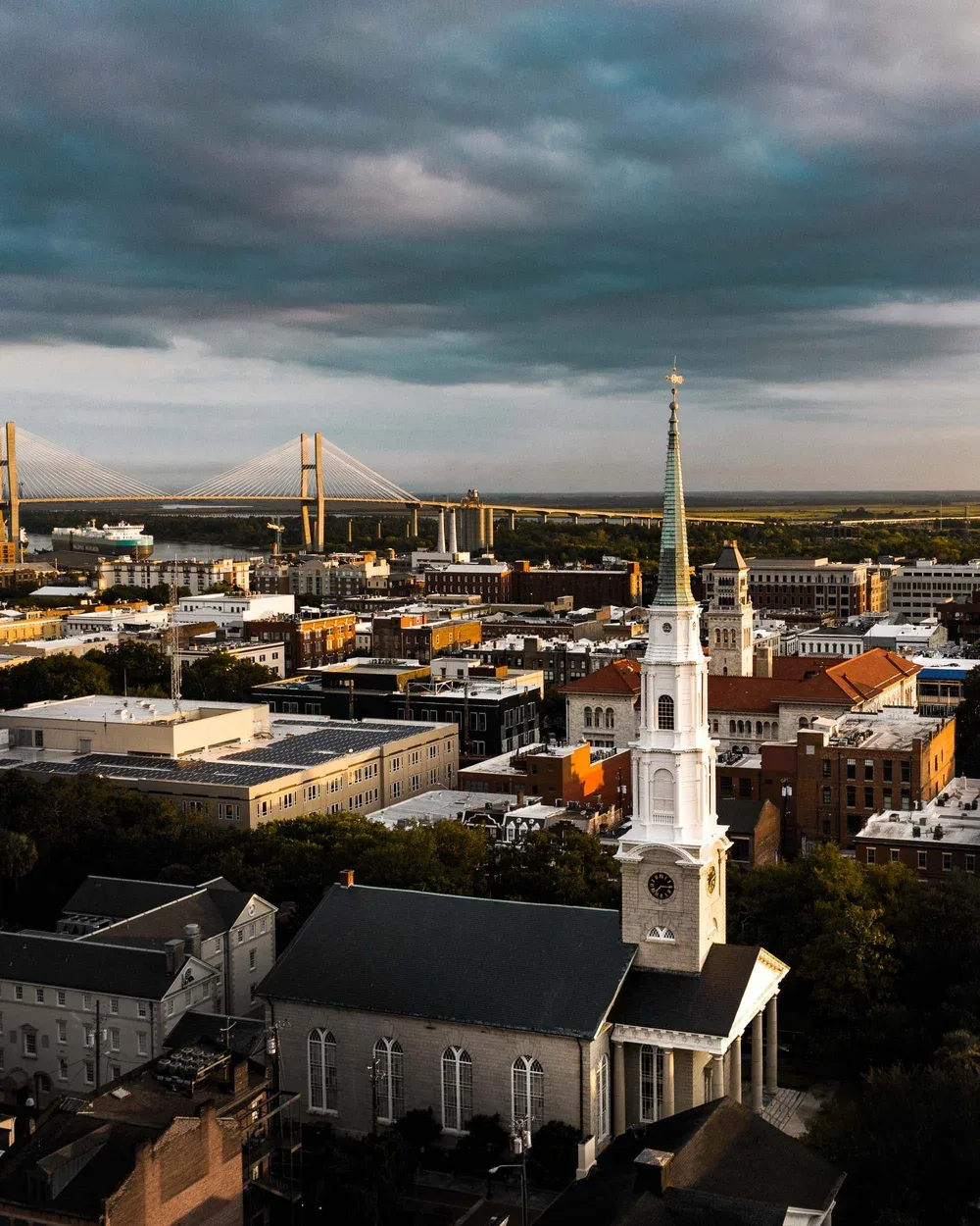 Savannah church spire and Talmadge Bridge, aerial view