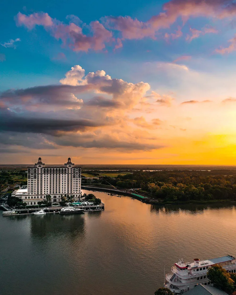 Westin Savannah at sunset on the riverfront, aerial view