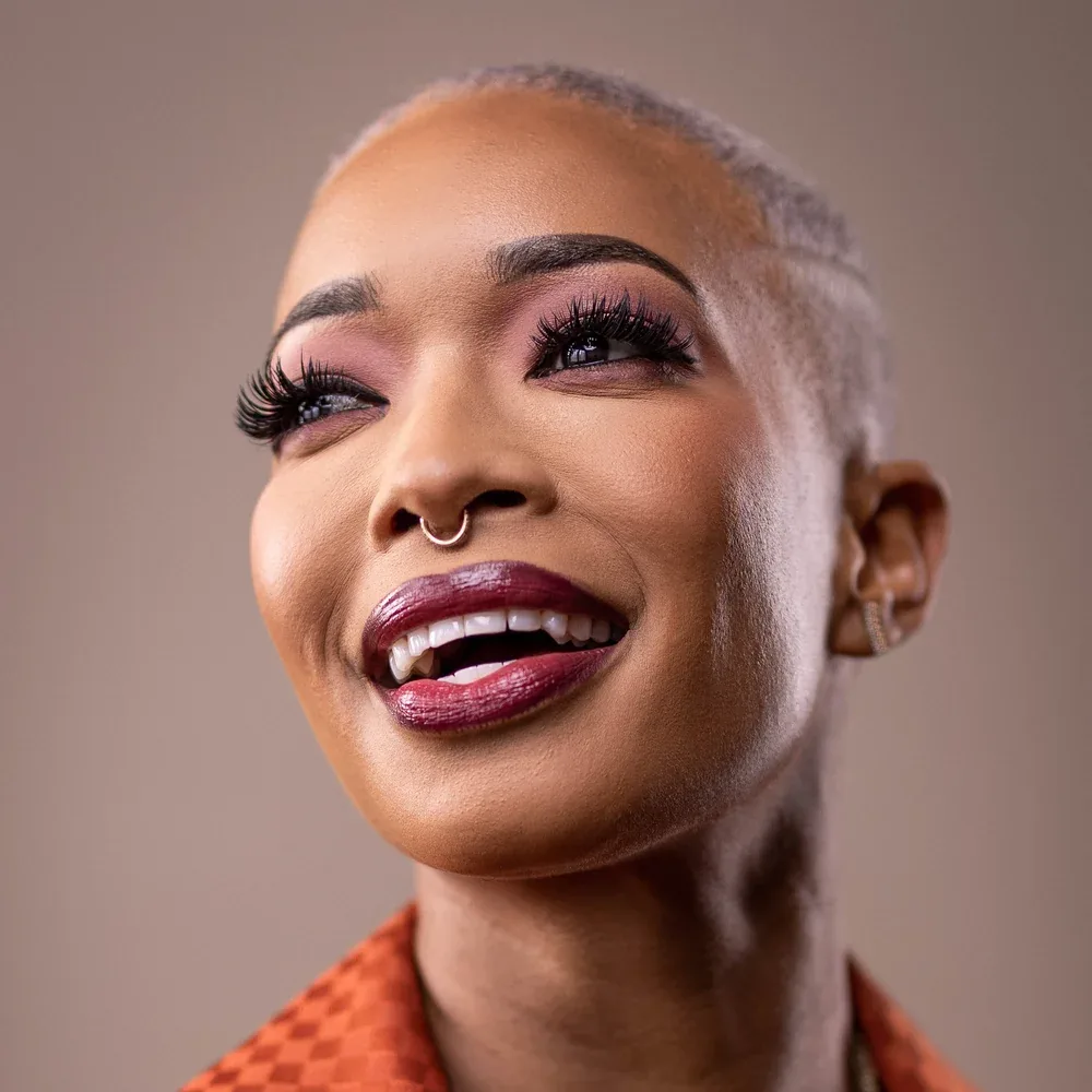 Studio beauty portrait with a joyful expression