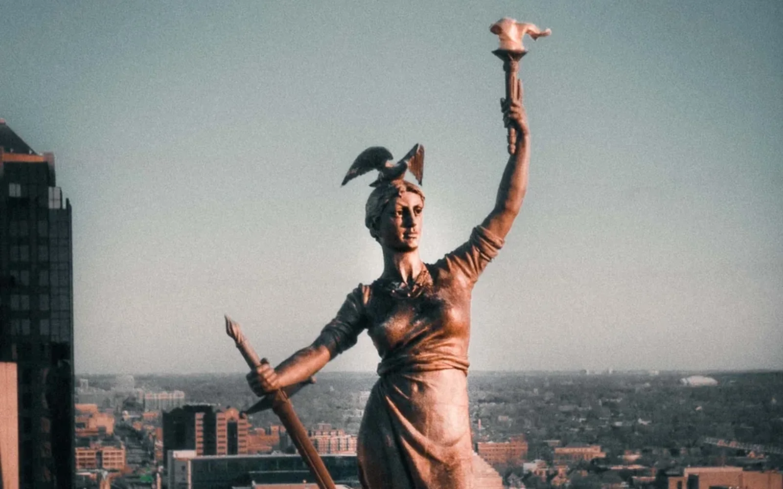 Lady Victory statue above Monument Circle, Indianapolis, drone photograph