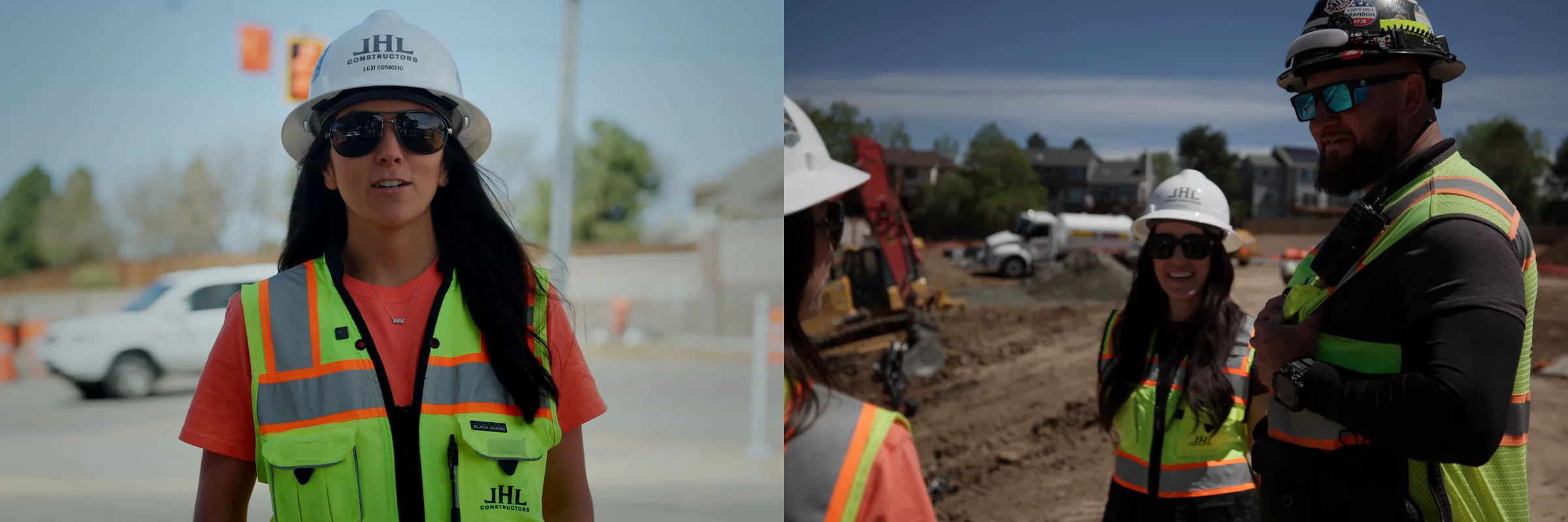 A JHL project engineer in a white hard hat, beside two crew members talking on site