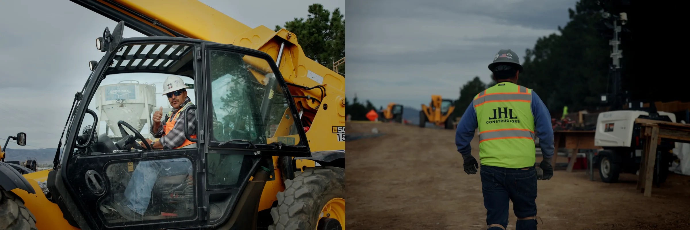 A telehandler operator in the cab, beside a JHL worker walking across the site